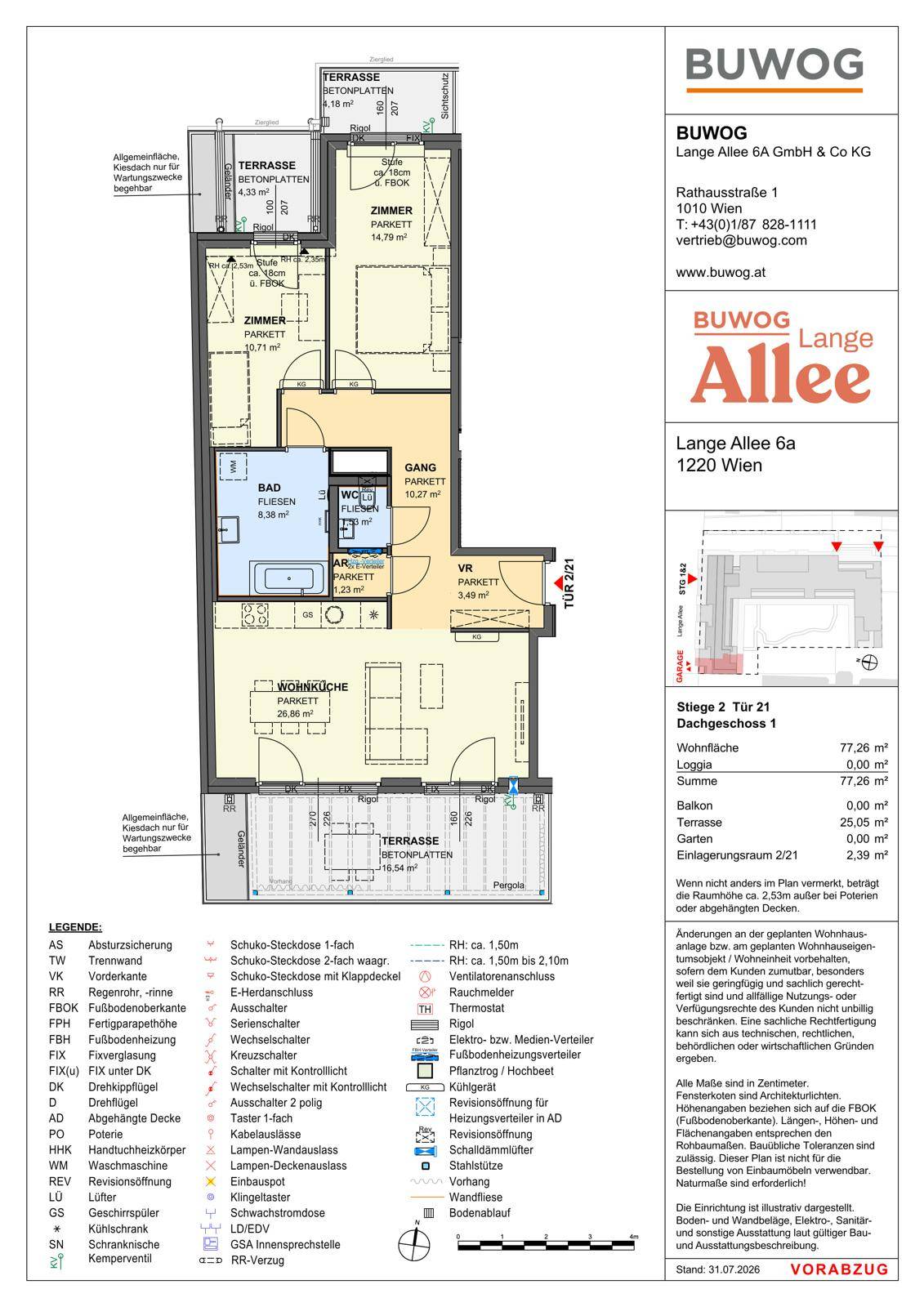 Dieser Grundriss zeigt eine effiziente Raumaufteilung mit offener Wohnküche, zwei Schlafzimmern und großzügigen Terrassen.