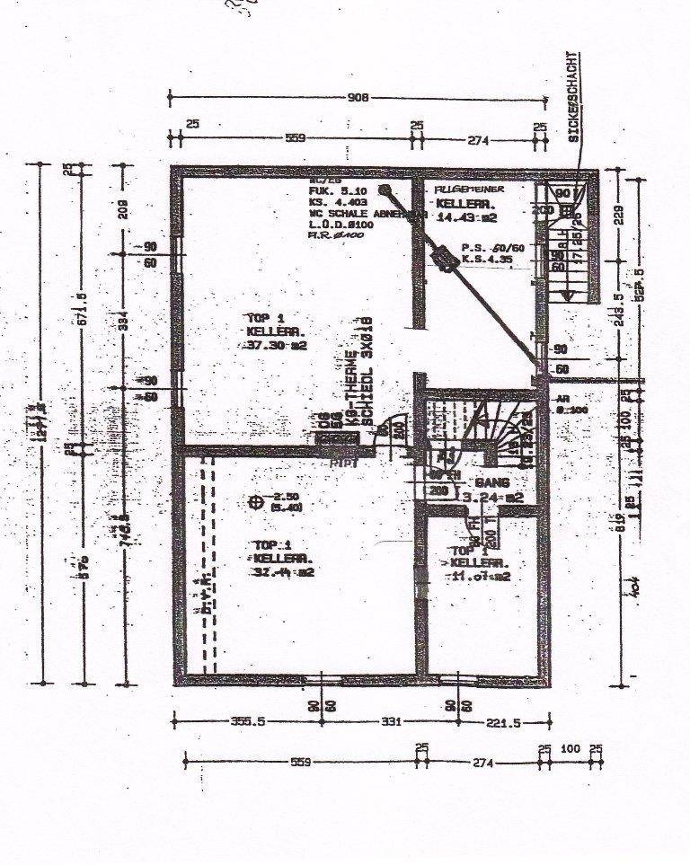 Grundriss des Kellergeschosses mit verschiedenen Abteilen und Zugang über eine Treppe.