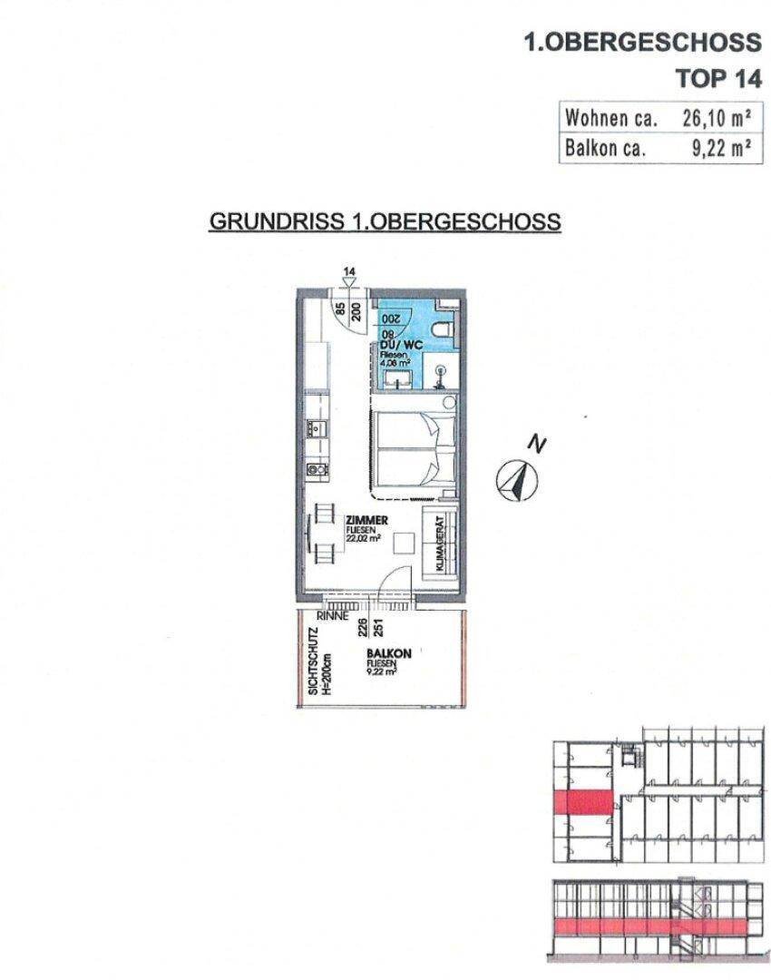 Grundriss des 1. Obergeschosses, Top 14, mit 26,10 m² Wohnfläche und 9,22 m² Balkon.
