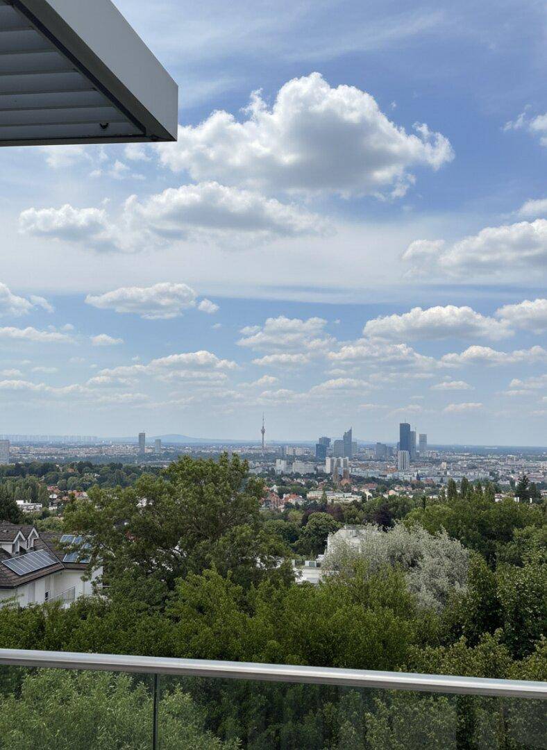 Panoramablick über die Stadt und die grüne Landschaft von einer erhöhten Position.