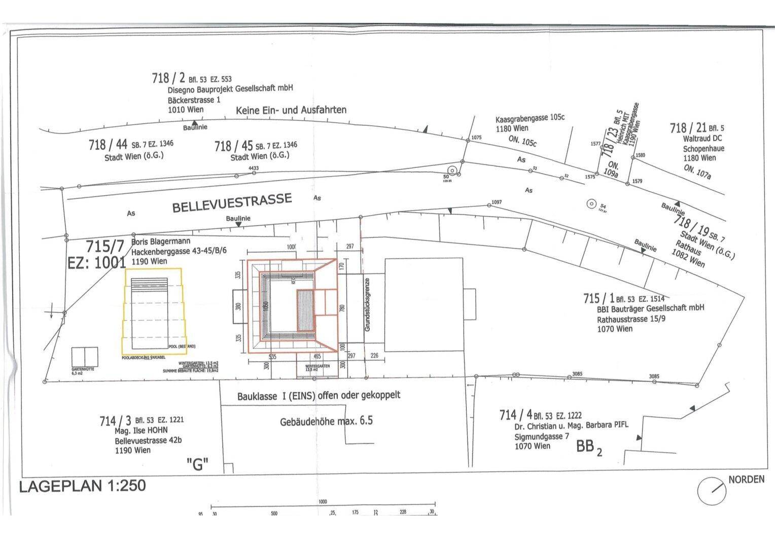 Lageplan des Grundstücks mit eingezeichnetem Gebäude und umliegenden Straßen.