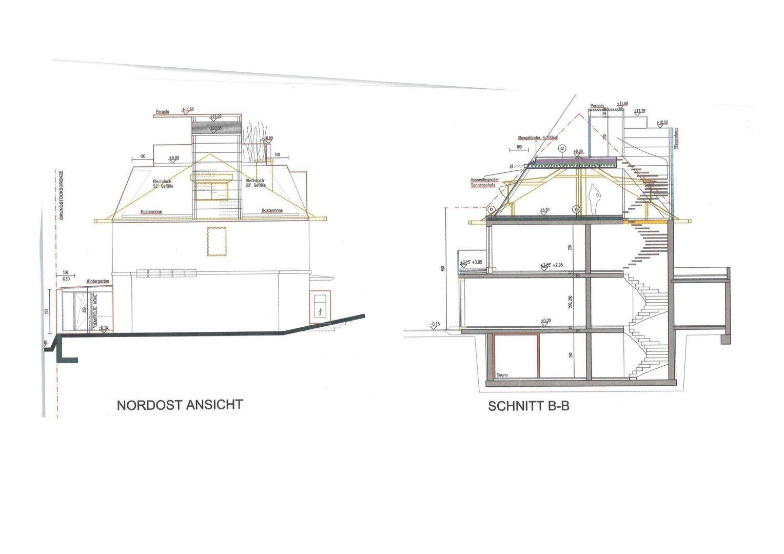 Nordostansicht und Schnitt B-B des Gebäudes mit Treppenhaus und Etagen.