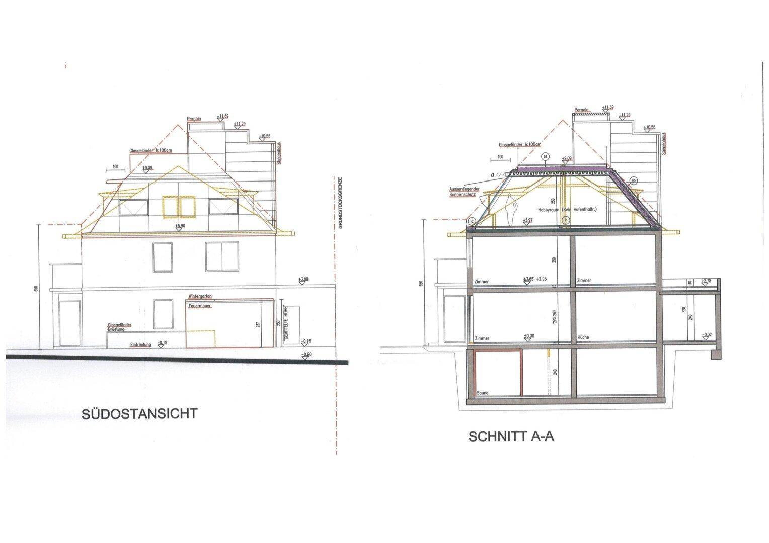 Südostansicht und Schnitt A-A des Gebäudes mit Innenstruktur und hohen Decken.