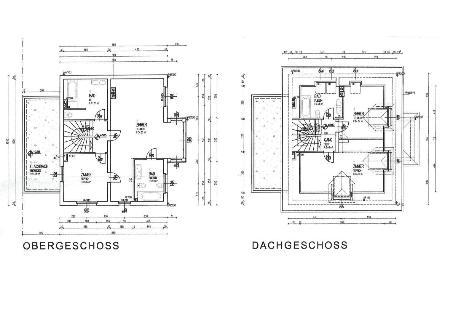 Grundrisse des Obergeschosses und Dachgeschosses mit Zimmeraufteilung und Terrassen.