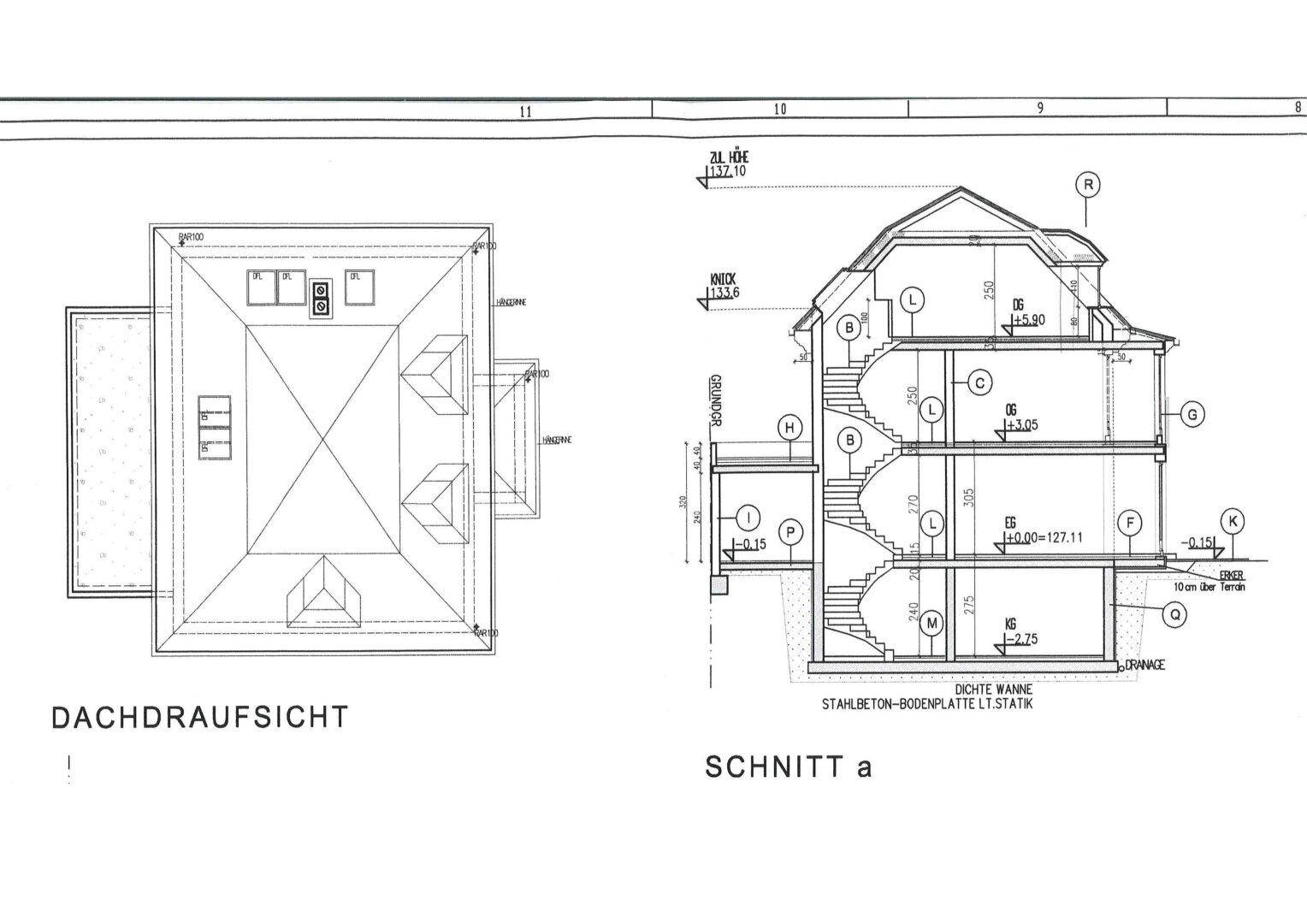 Architektonischer Schnitt und Dachaufsicht des Gebäudes mit Höhenangaben.