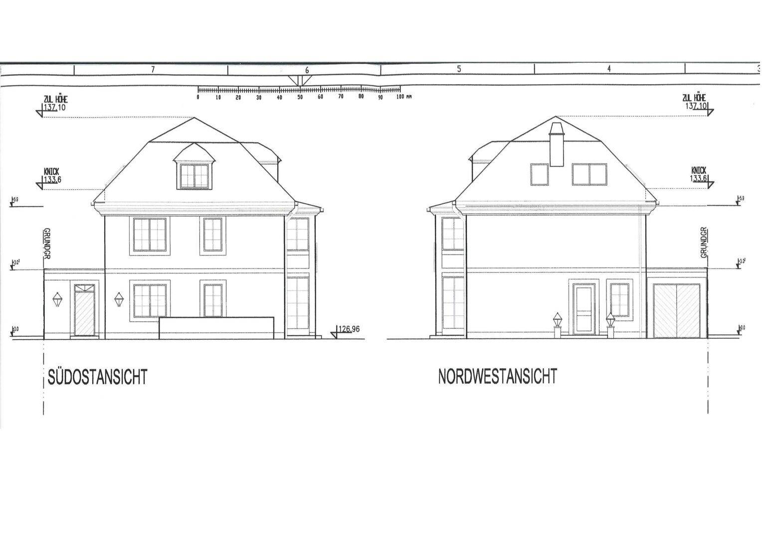Südost- und Nordwestansichten des Gebäudes mit Fassadendetails und Fensteranordnung.