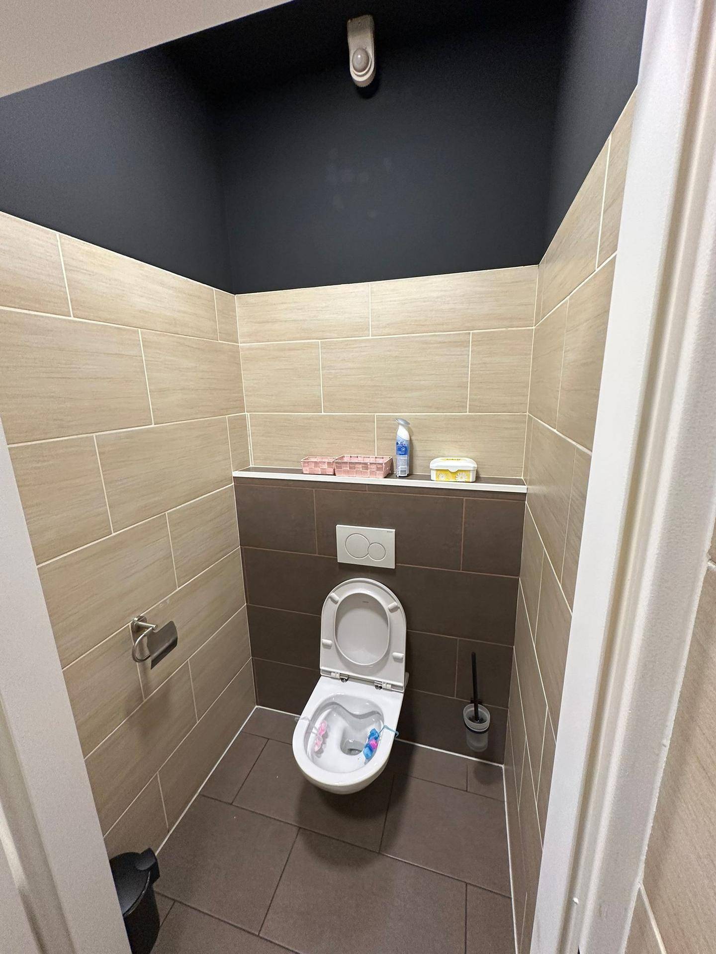 Toilettenraum mit beigefarbenen und braunen Fliesen, wandhängendem WC und dunkler Decke.