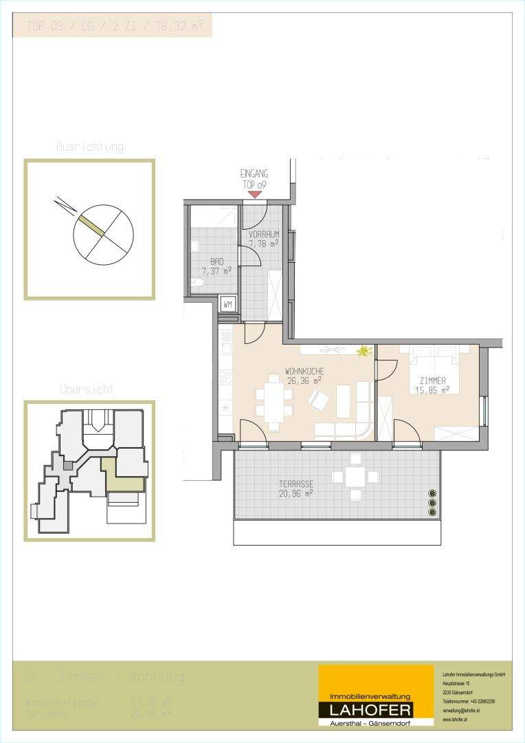 Grundriss einer Wohnung mit offener Wohnküche, Schlafzimmer, Bad, separatem WC und großer Terrasse.