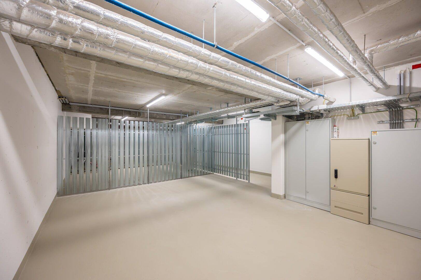 Geräumiger Kellerraum mit Metallabtrennungen und sichtbaren Versorgungsleitungen an der Decke.