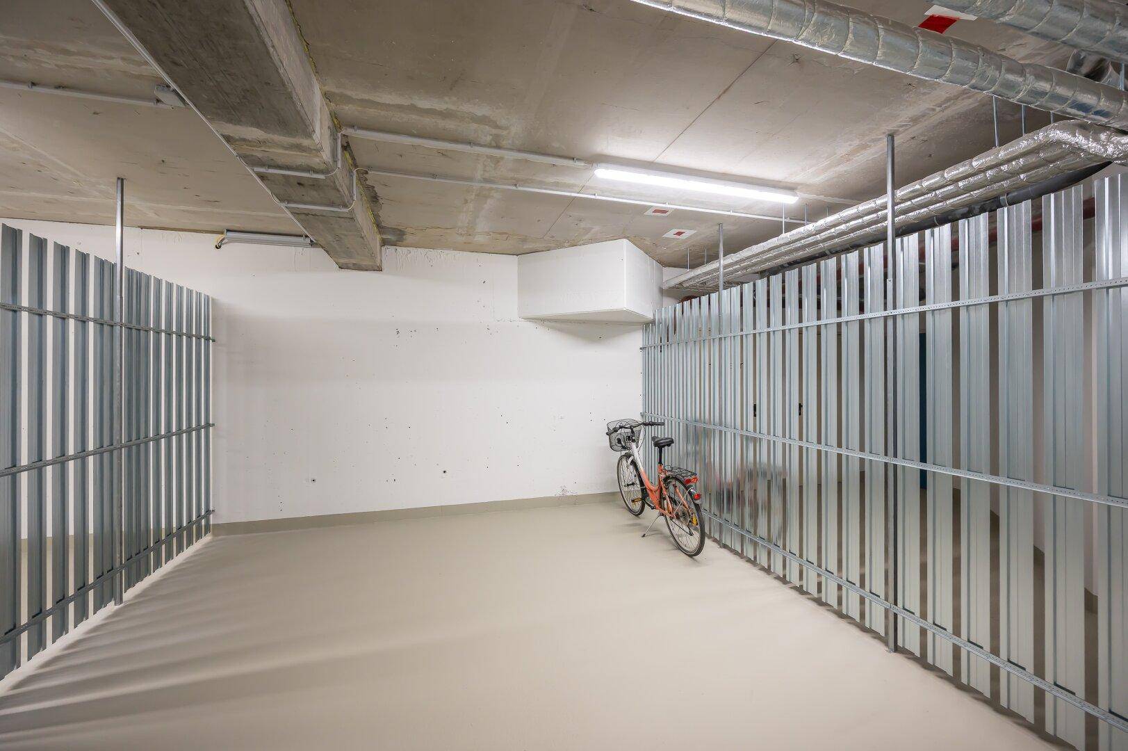 Kellerraum mit Fahrradabstellplatz und individuellen Abteilen aus Metall für zusätzlichen Stauraum.