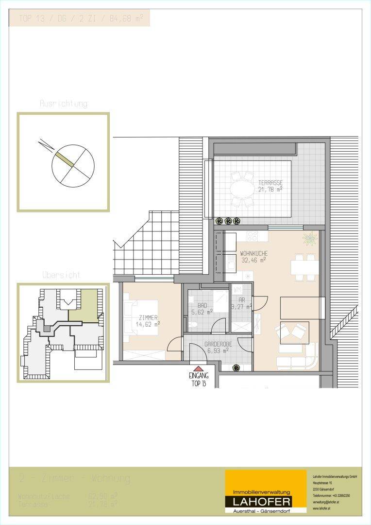 Grundriss der Wohnung mit Terrasse, Wohnküche und Schlafzimmer.