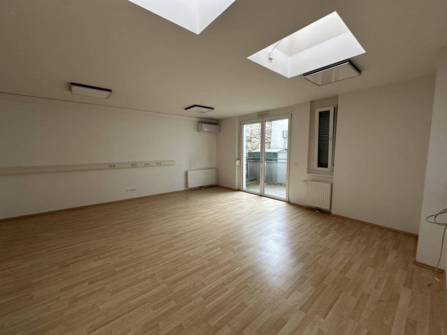 Heller Raum mit Laminatboden, mehreren Dachfenstern und Zugang zu einem Außenbereich.