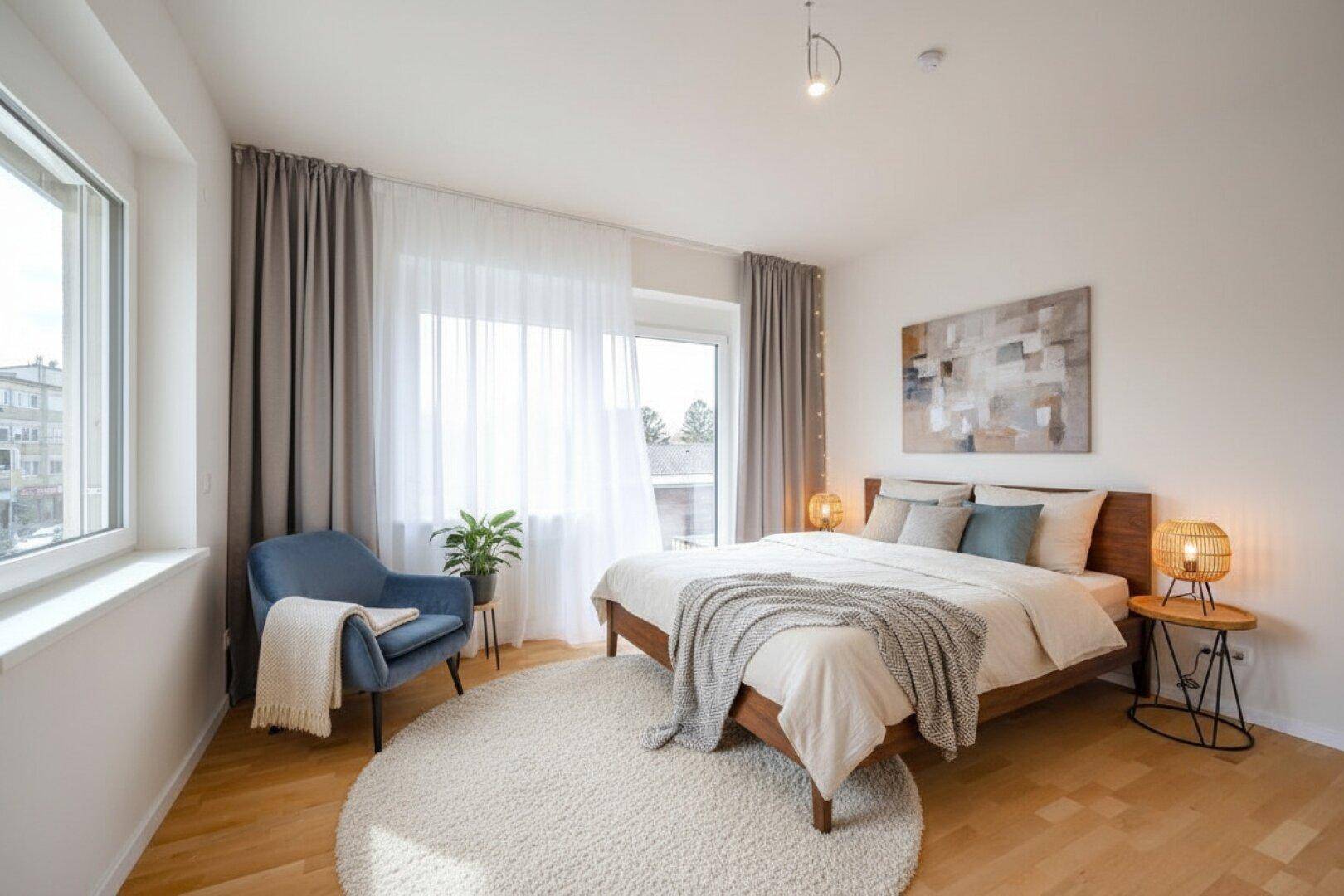 Helles Schlafzimmer mit Parkettboden, großen Fenstern und modernem Bett, bietet viel Komfort.