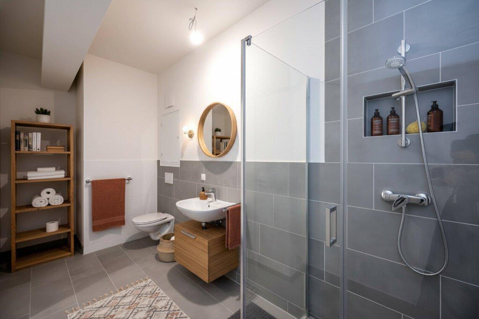 Modernes Badezimmer mit grauen Fliesen, Duschkabine, wandhängendem WC und Holzregal.