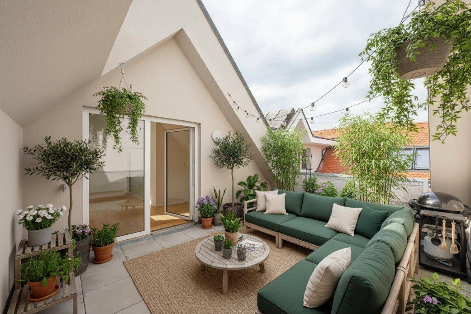 Einladende Dachterrasse mit bequemen Loungemöbeln, Pflanzen und Lichterkette für gemütliche Abende.