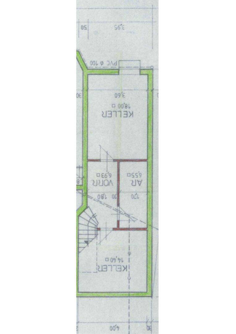 Grundriss des Kellers mit zwei separaten Kellerräumen und Treppenzugang.