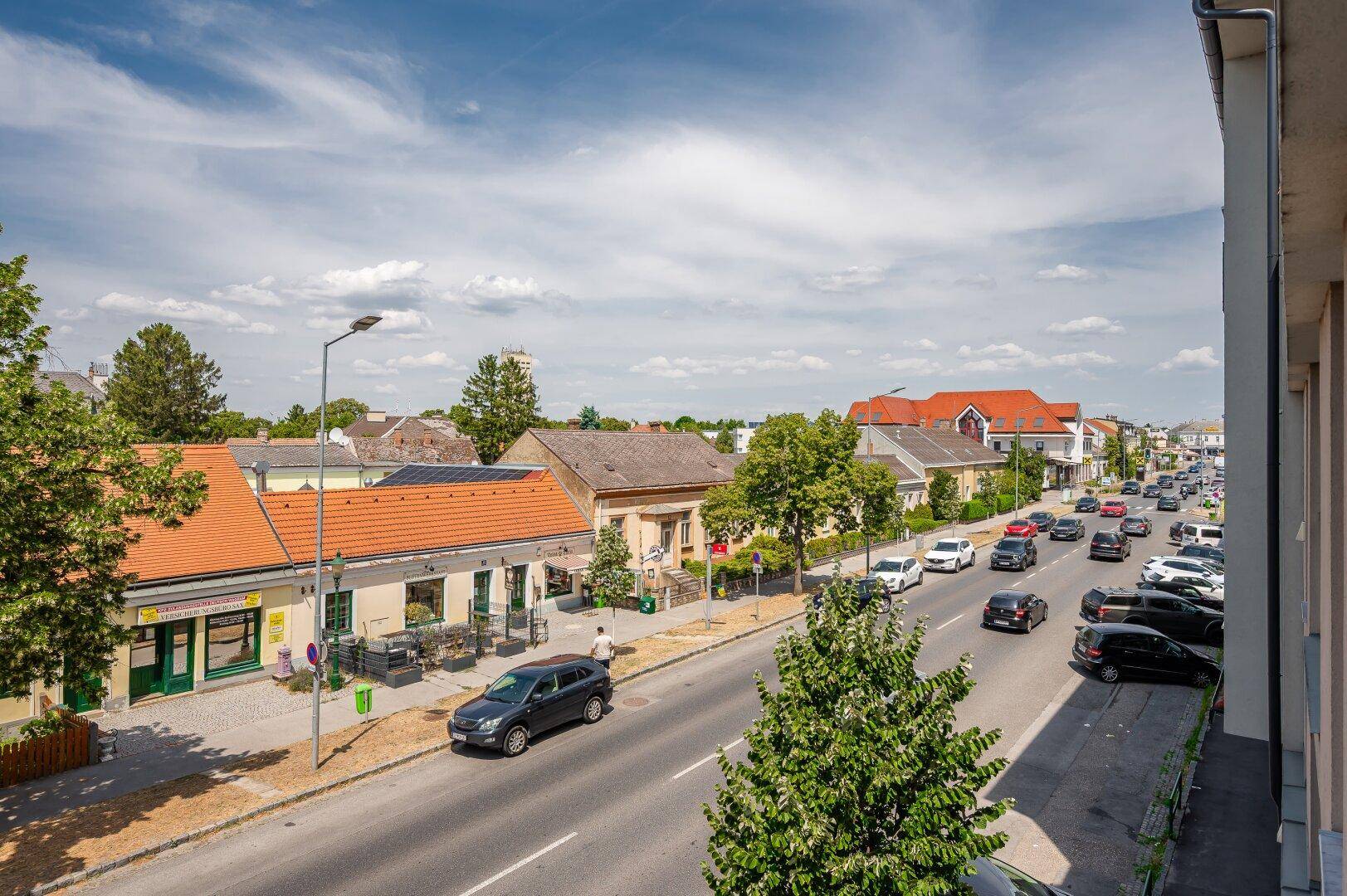 Panoramablick von oben auf eine belebte Straße mit Geschäften, Autos und grünen Bäumen.