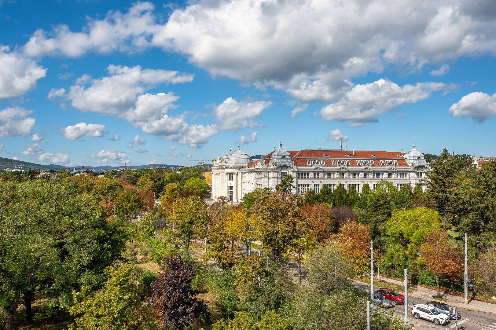 Panoramablick über eine Stadt mit historischen Gebäuden und üppiger Vegetation.