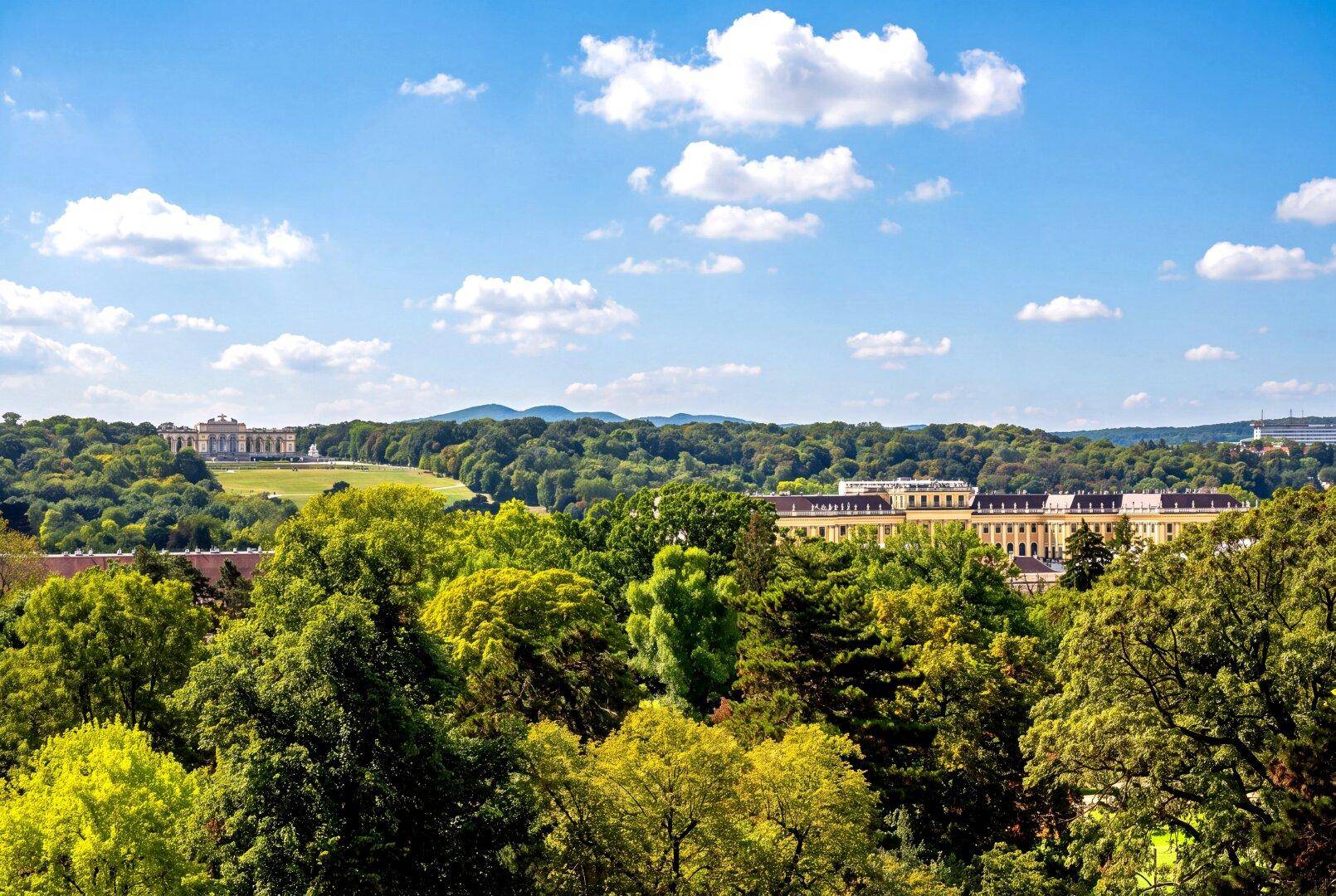 Malerischer Ausblick auf eine weitläufige Parkanlage mit Schloss und Bergen am Horizont.