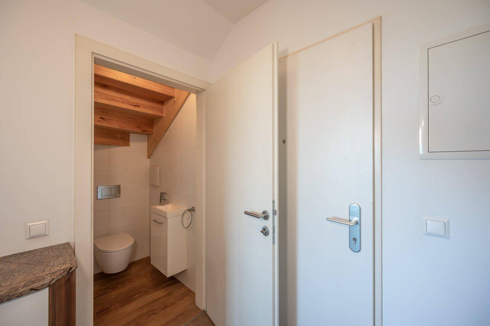 Kleines Gäste-WC unter der Treppe mit modernem Waschbecken und Toilette.