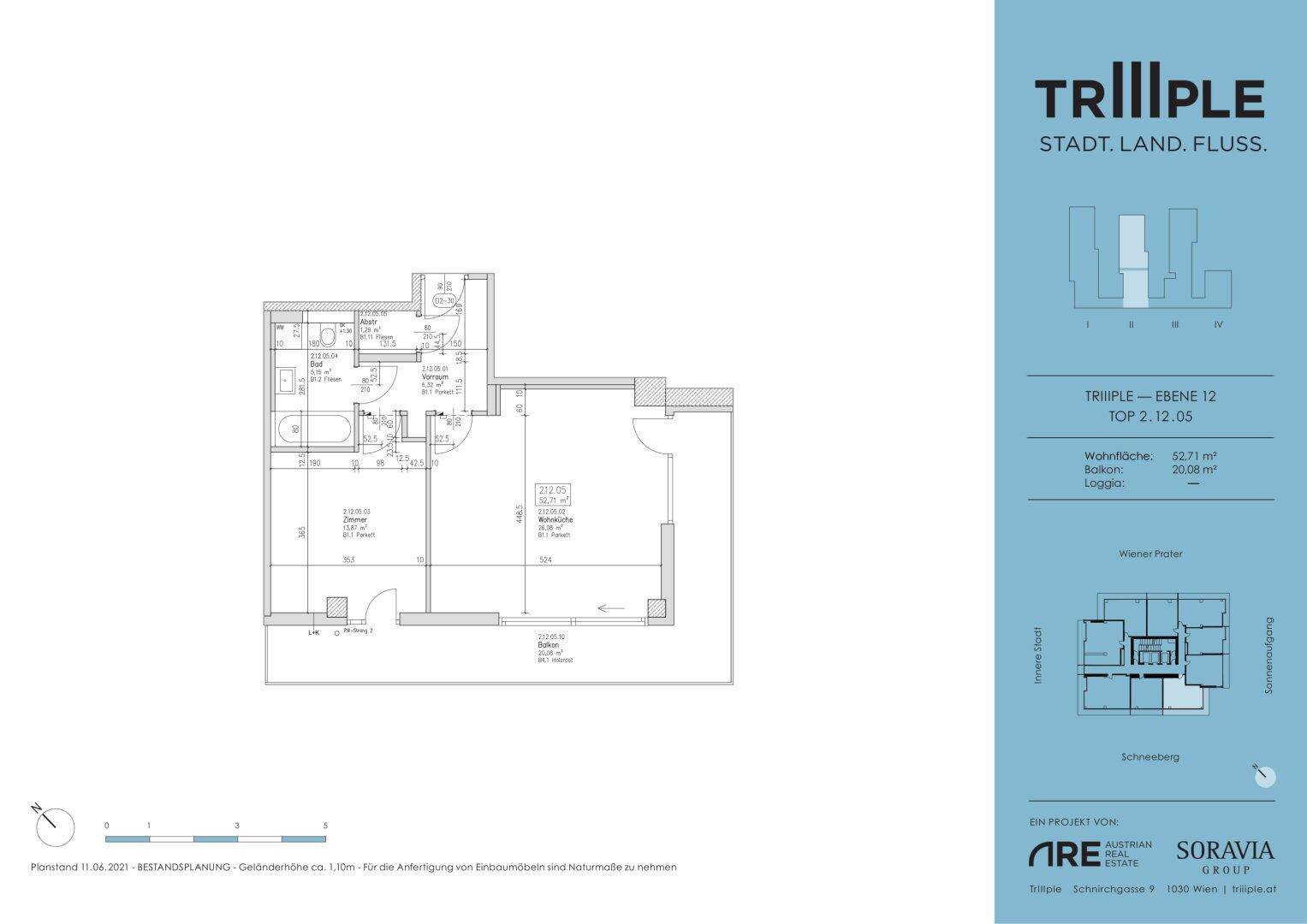 Grundriss einer Wohnung im 12. Stock mit Balkon und klarer Raumaufteilung.