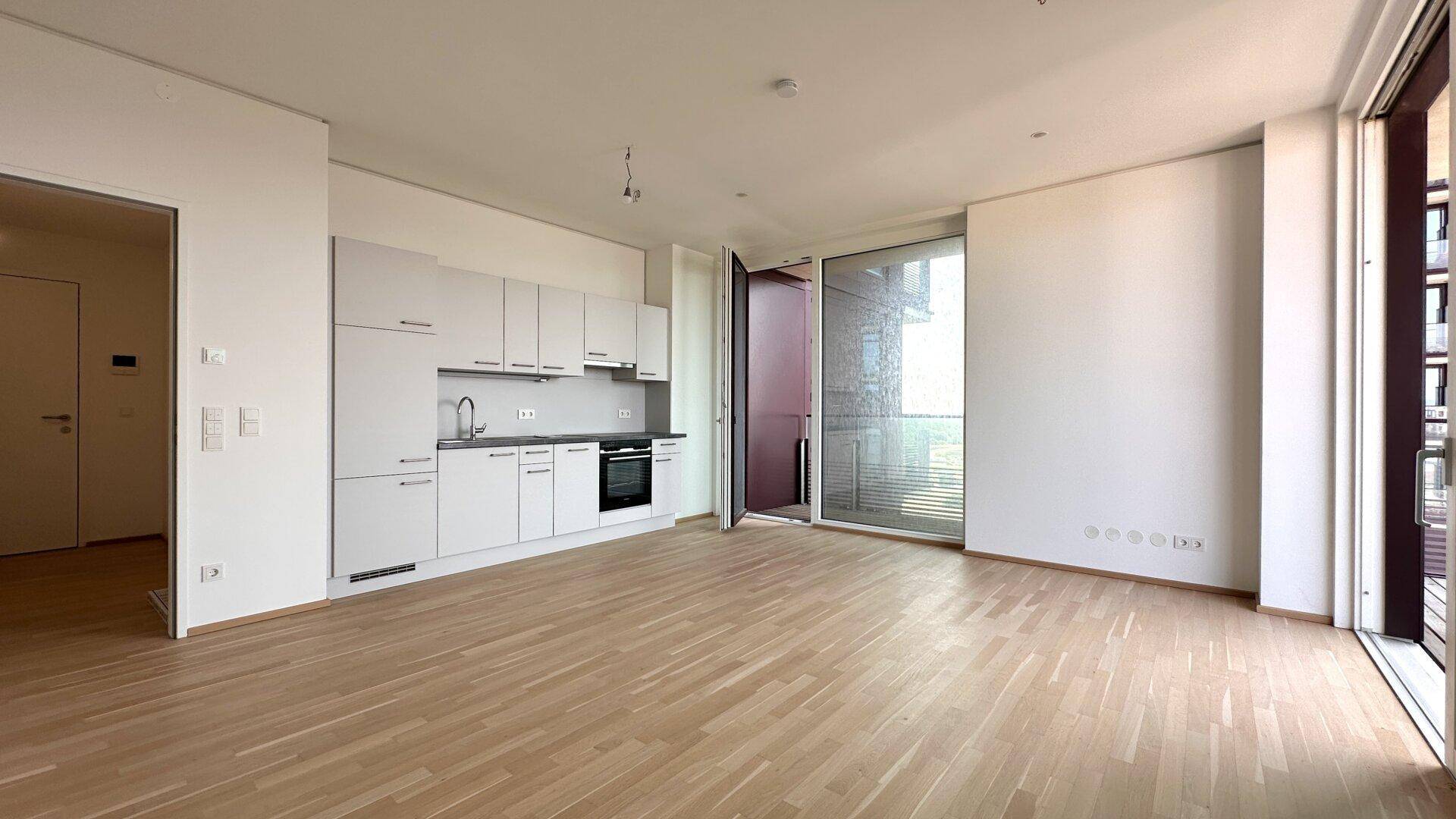 Heller offener Wohnbereich mit integrierter Küche, Parkettboden und Zugang zum Balkon.