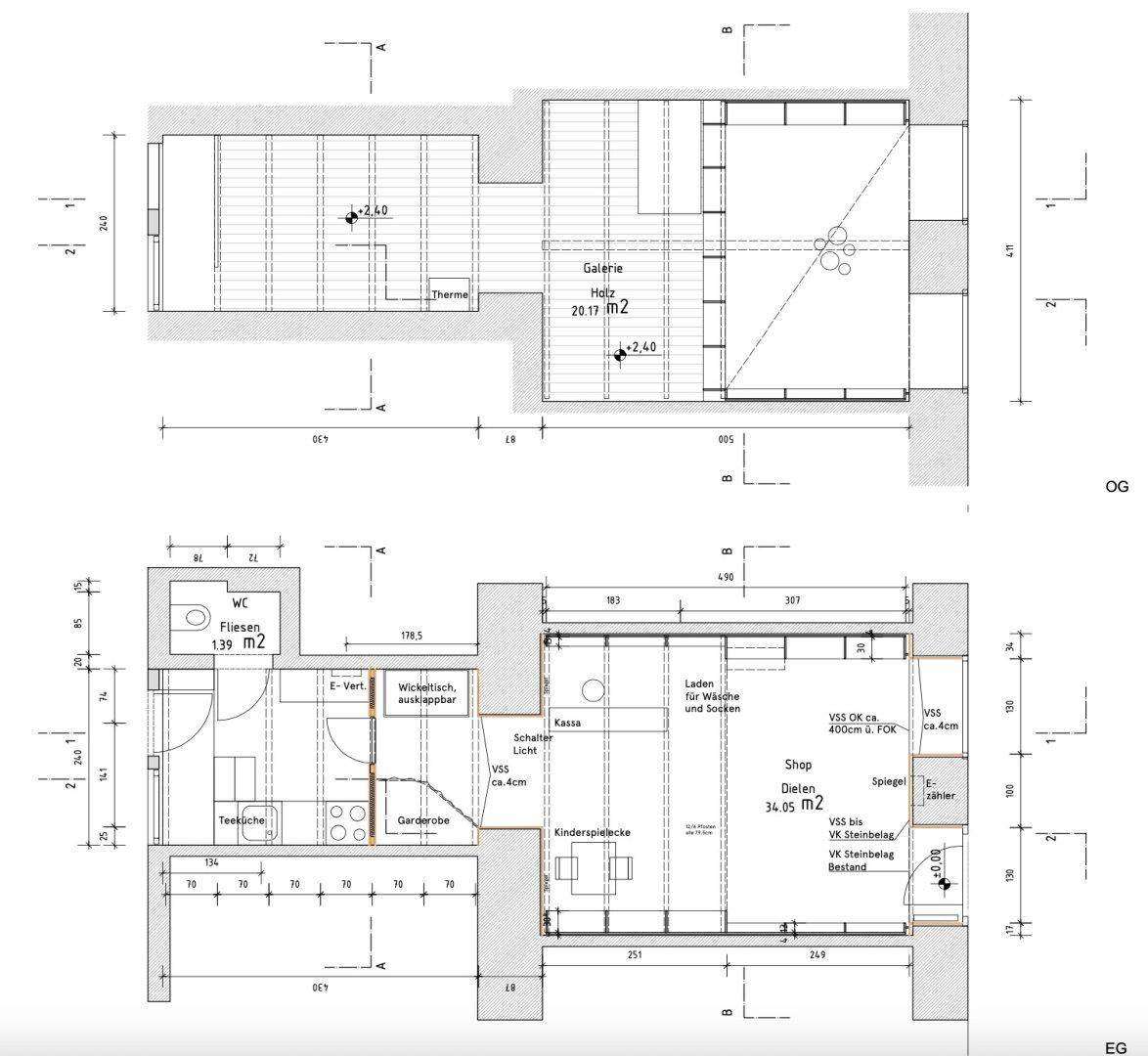 Grundriss des Erdgeschosses und der Galerie mit Ladenfläche und Sanitärbereich.
