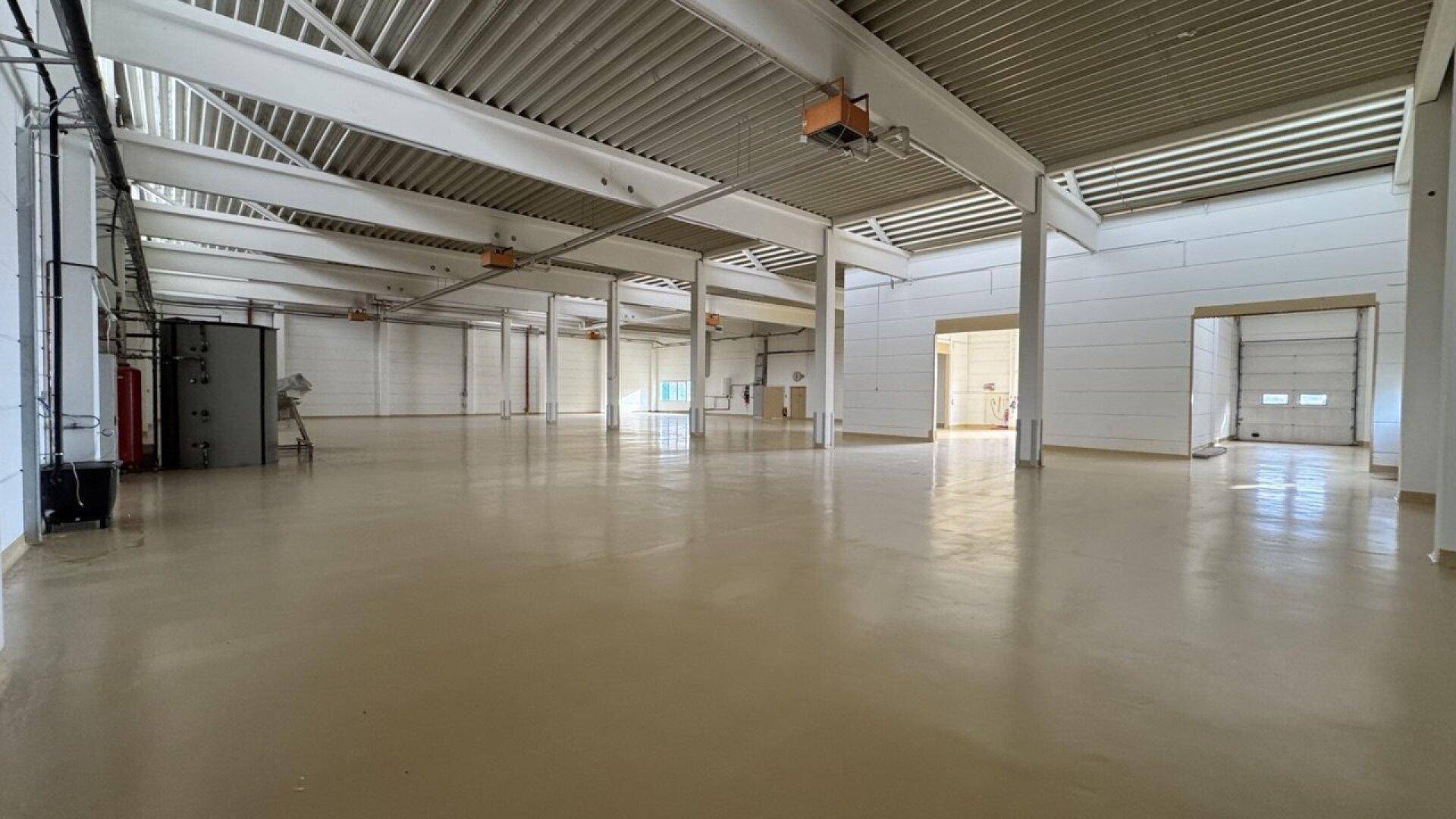 Geräumige Lagerhalle mit mehreren Toren, hohen Decken und einem hellen, pflegeleichten Industrieboden.