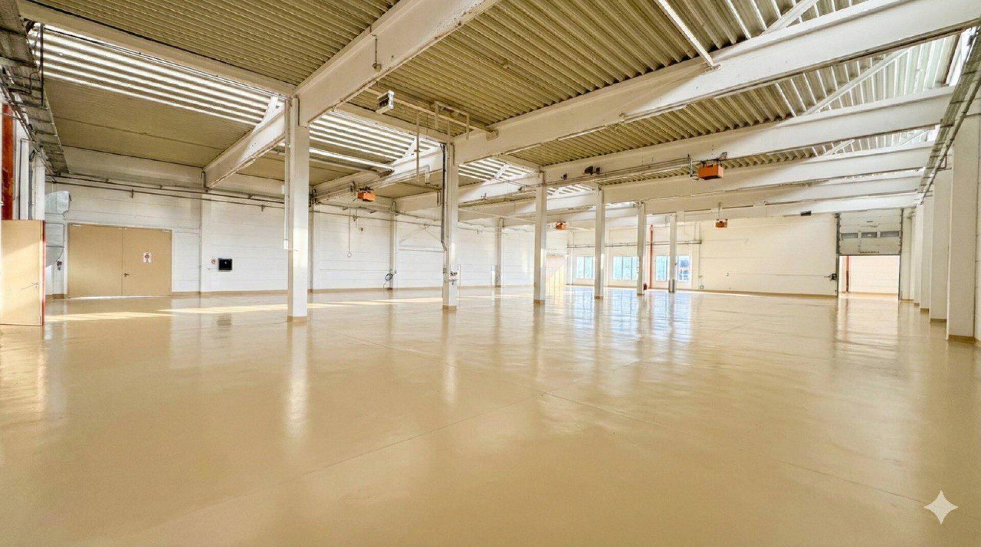 Weitläufige Lagerhalle mit vielen Stützpfeilern, hohen Decken und großen Fenstern für viel Tageslicht.