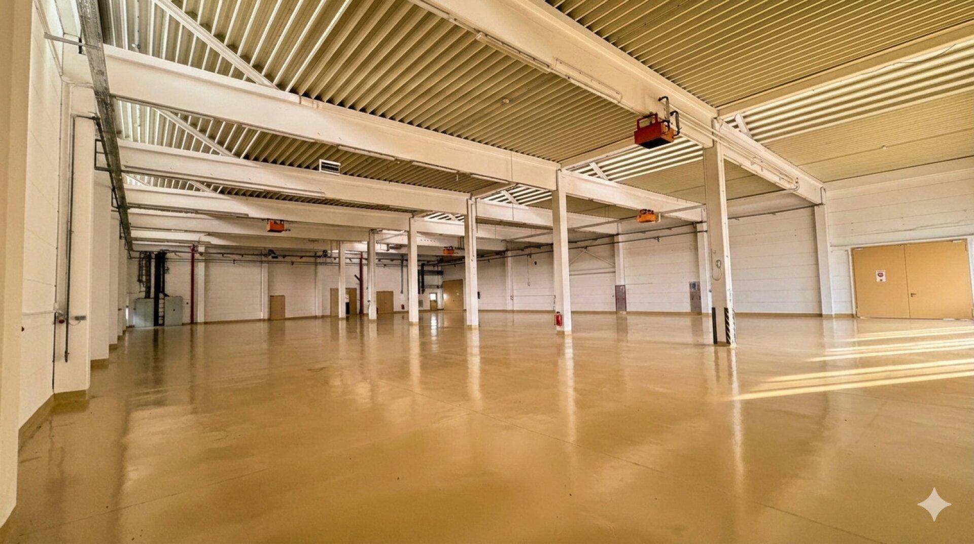 Geräumige Industriehalle mit sichtbaren Trägern, hohen Decken und einem robusten, hellen Boden.