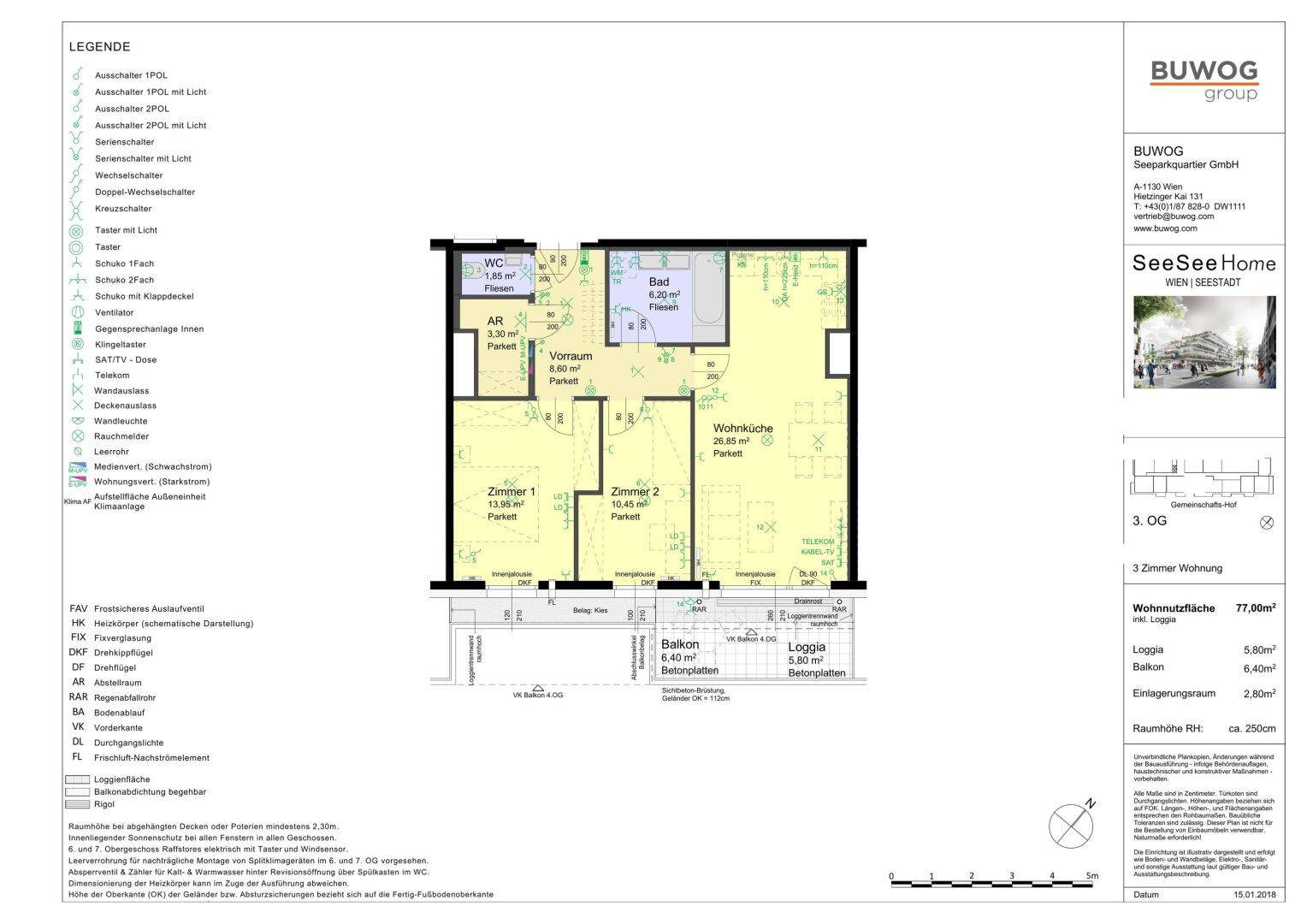 Grundriss einer 3-Zimmer-Wohnung mit Loggia und Balkon im dritten Obergeschoss.
