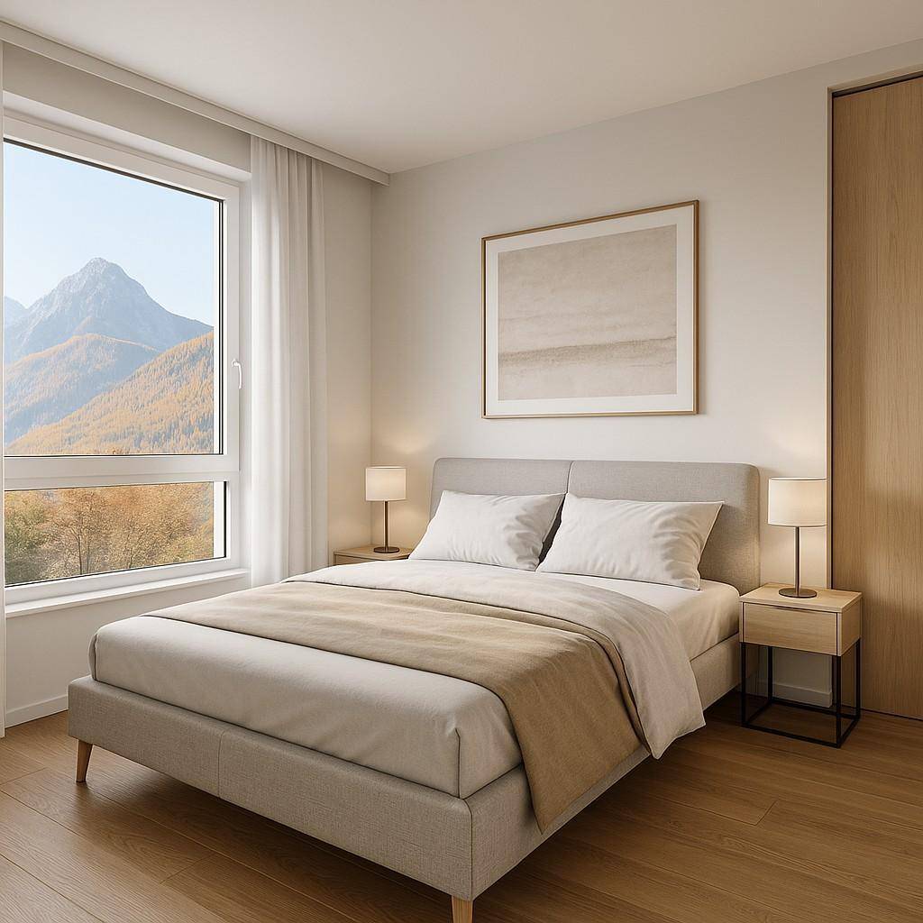 Schlafzimmer mit Bergblick