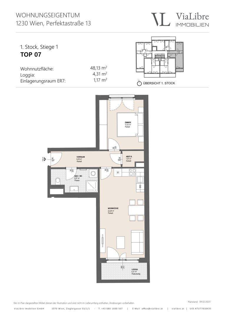 Grundriss der Wohnung Top 07 im 1. Stock mit Wohnnutzfläche und Loggia.