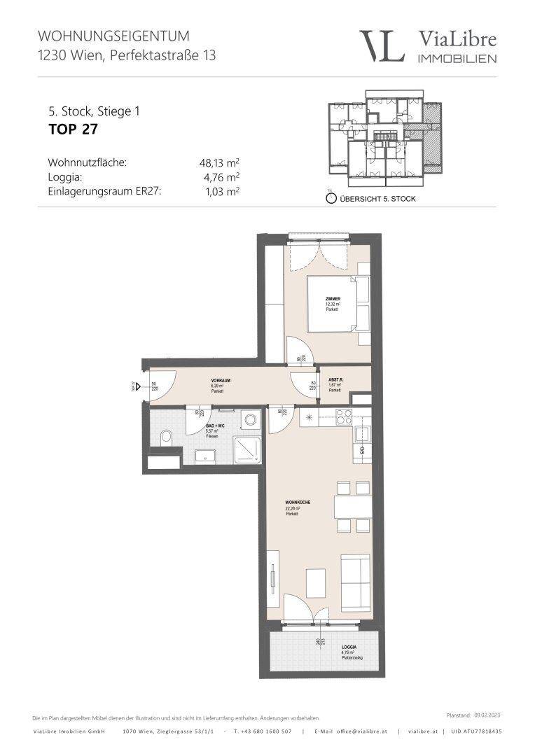 Grundriss der Wohnung Top 27 im 5. Stock mit Loggia und Einlagerungsraum.