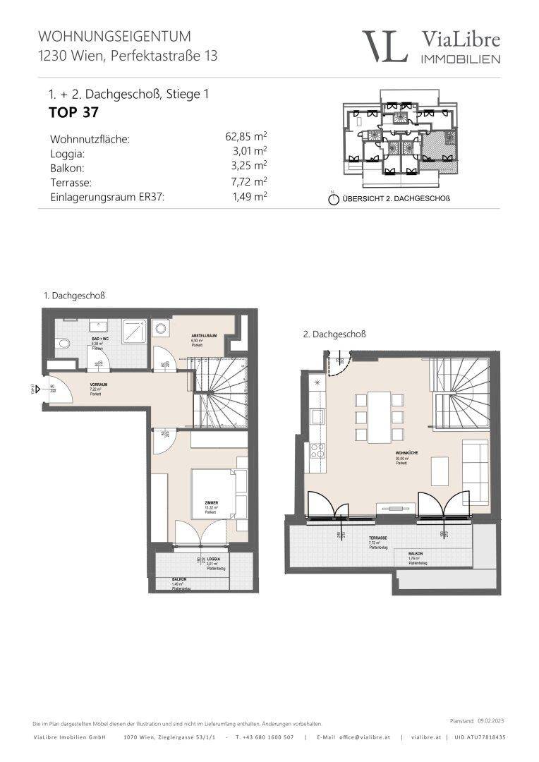 Grundriss der Dachgeschosswohnung mit zwei Ebenen, Balkon und Terrasse.