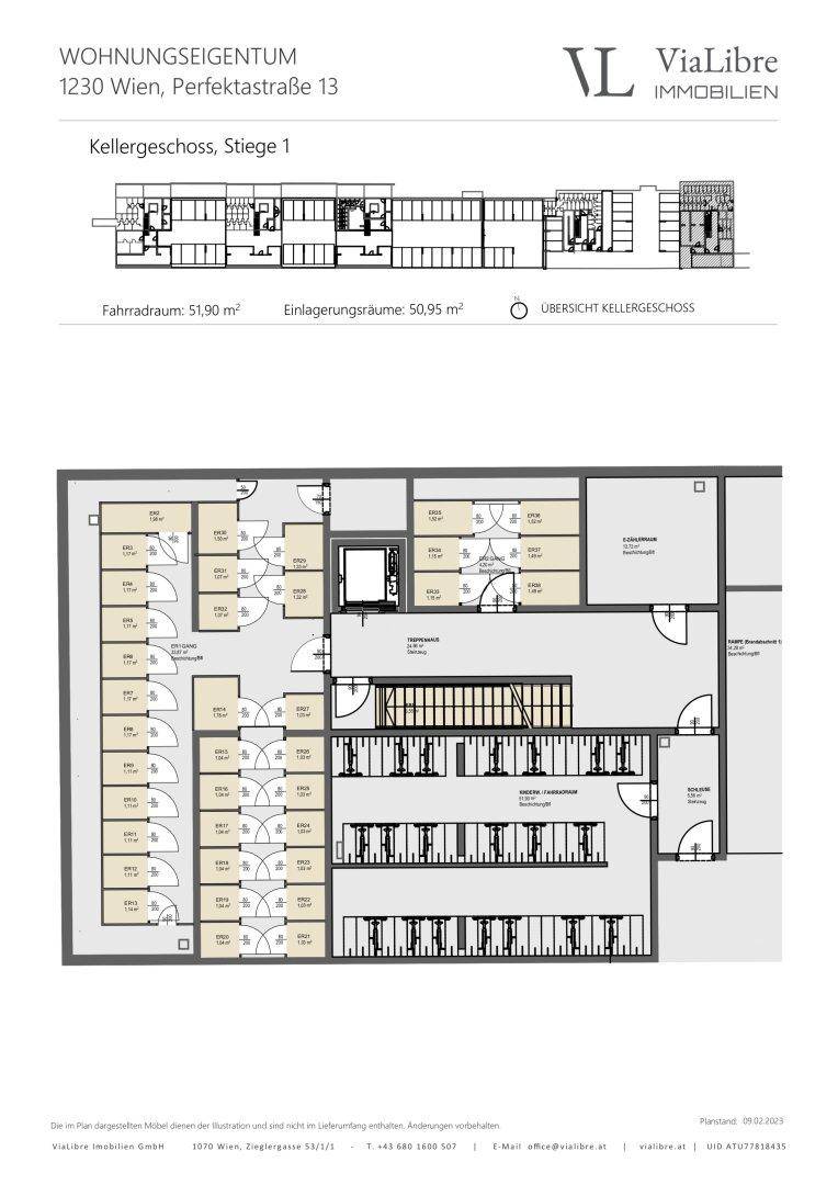 Grundriss des Kellergeschosses mit Fahrradraum und zahlreichen Einlagerungsräumen.