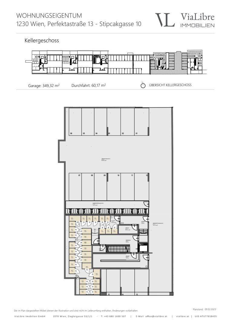 Grundriss der Tiefgarage im Kellergeschoss mit Stellplätzen und Durchfahrt.