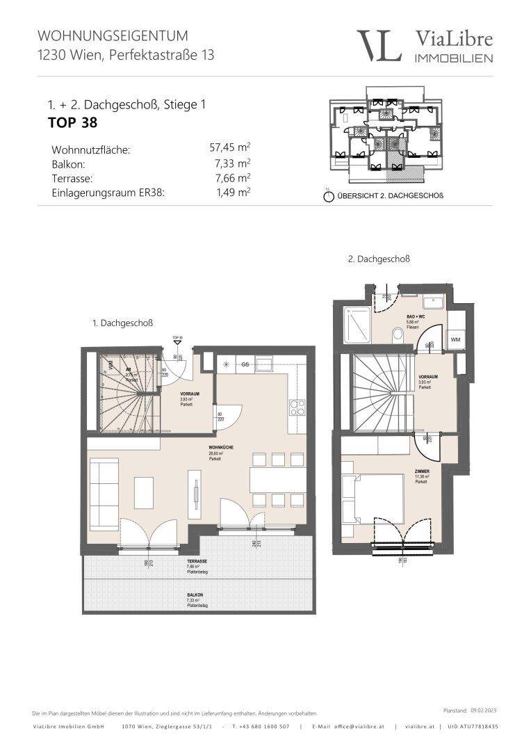 Grundriss der Dachgeschosswohnung Top 38 mit Balkon und Terrasse.