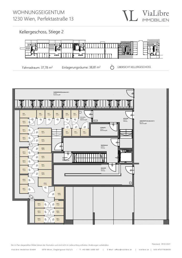 Grundriss des Kellergeschosses mit Fahrradraum und zahlreichen Einlagerungsräumen für Bewohner.