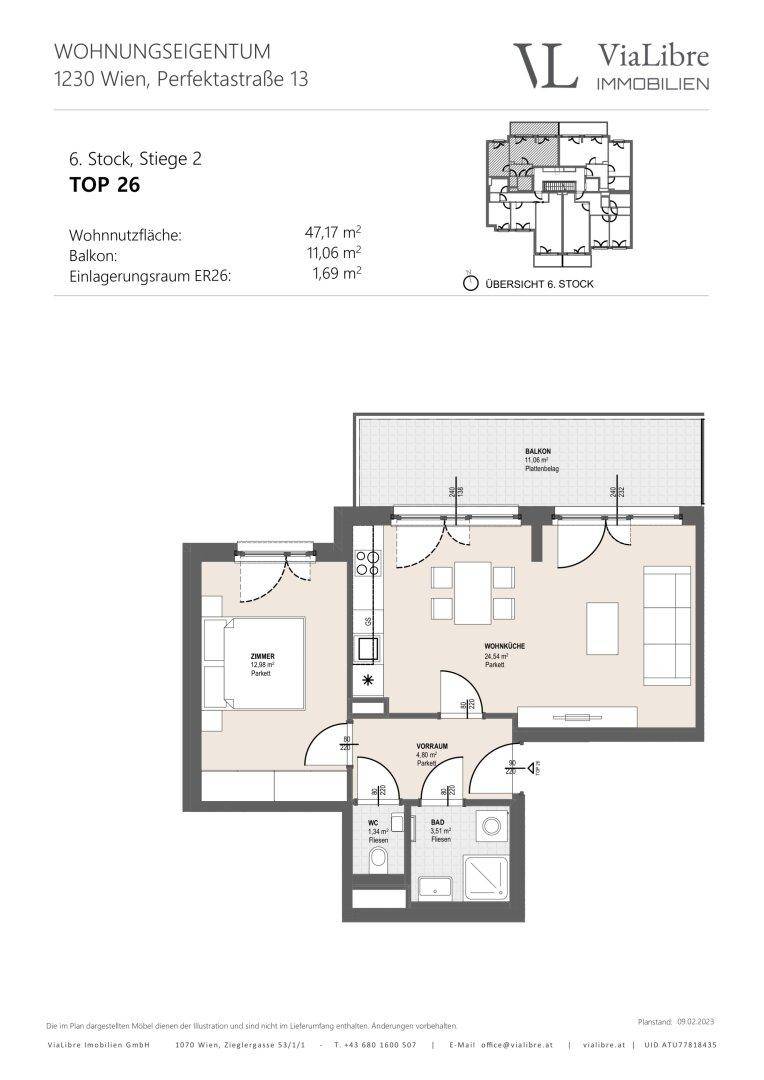 Grundriss der Wohnung TOP 26 mit einem Schlafzimmer, offenem Wohnbereich und Balkon.