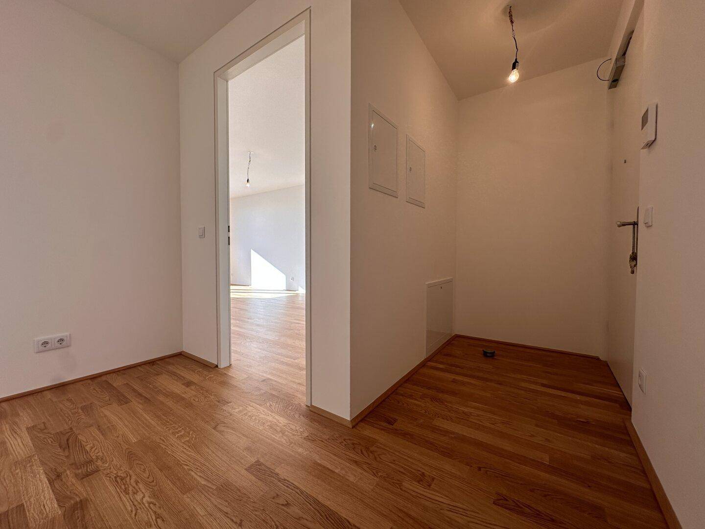 Geräumiger Flur mit Holzboden und weiß gestrichenen Wänden, der zu weiteren Zimmern führt.