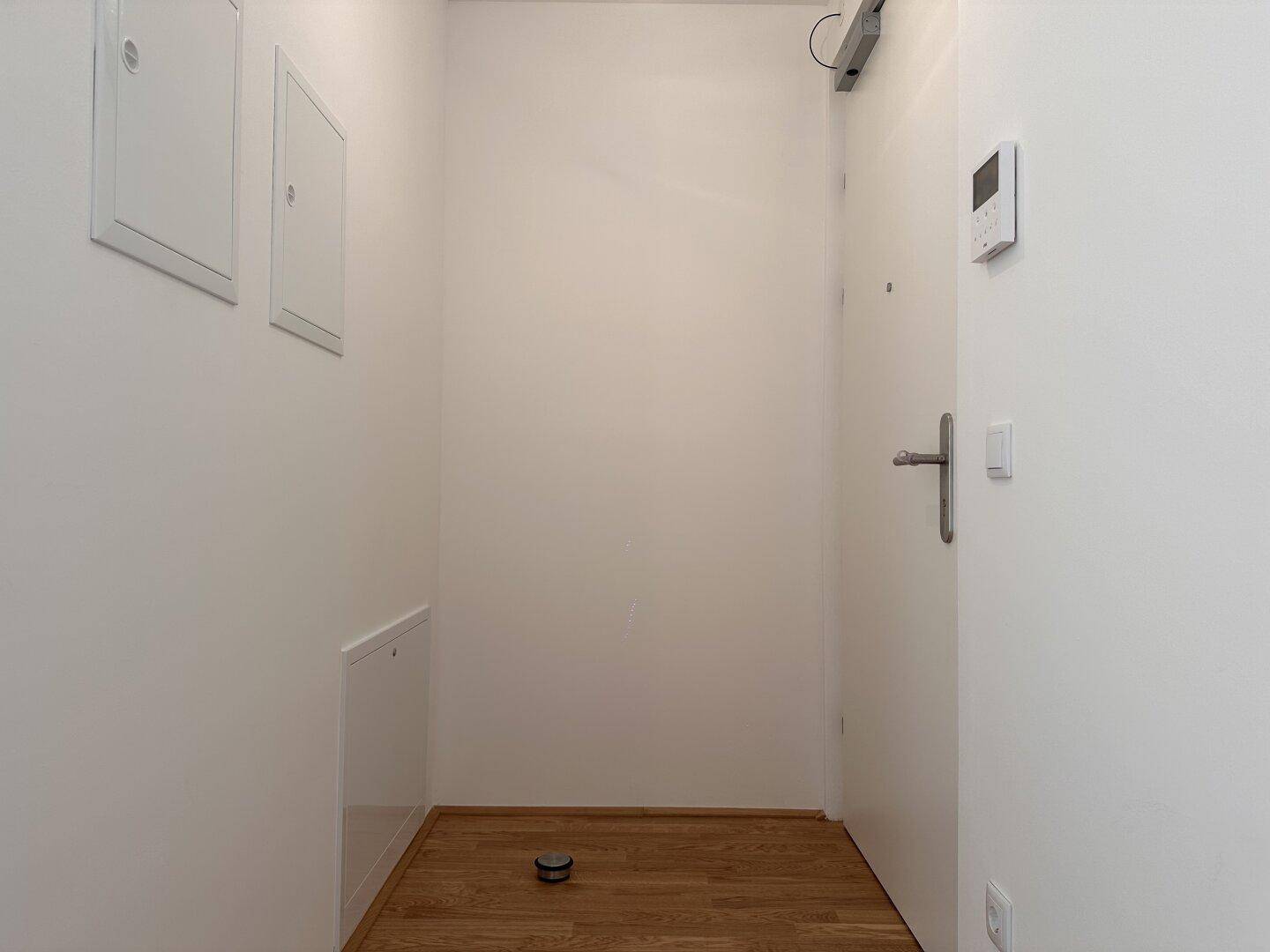 Heller Eingangsbereich mit Holzboden und weißer Tür, der einen modernen und sauberen Eindruck vermittelt.