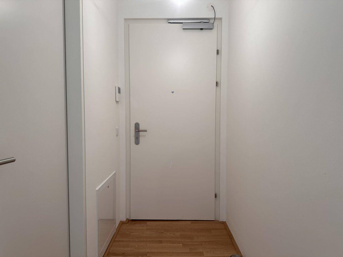 Heller Eingangsbereich mit Holzboden und weißer Wohnungstür in einem Neubau.