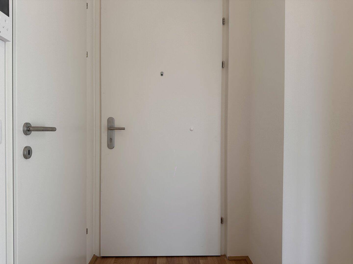 Heller Eingangsbereich mit weißer Wohnungstür und Holzparkettboden.