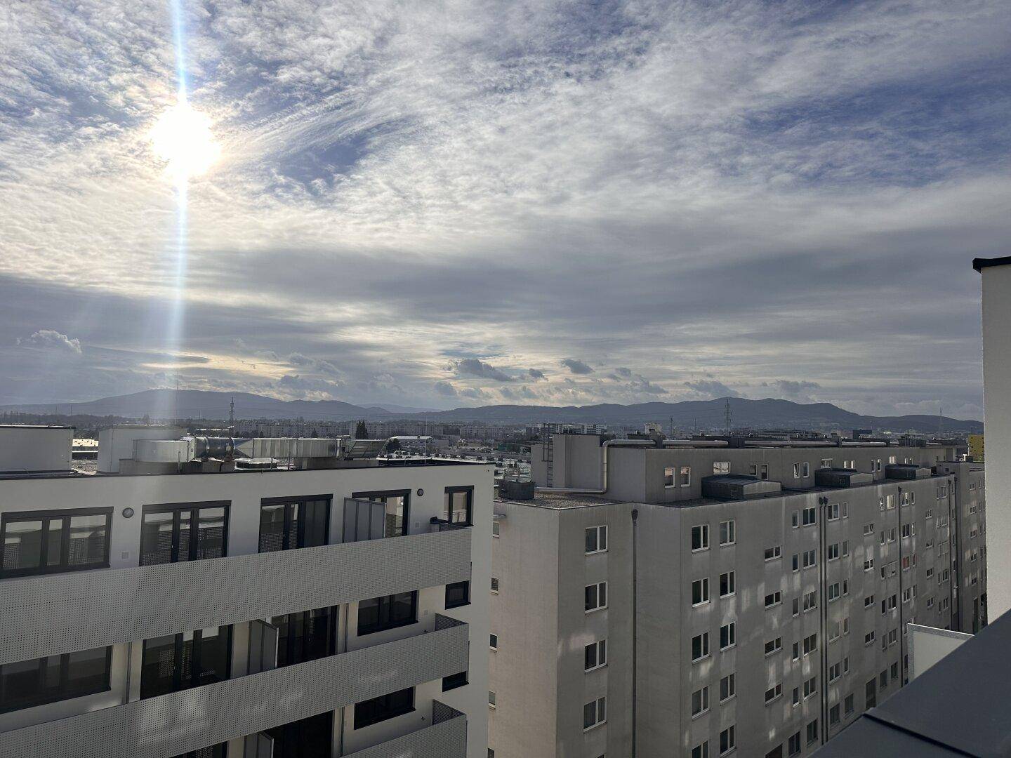 Weitläufiger Blick über die städtische Bebauung mit Bergen am Horizont.