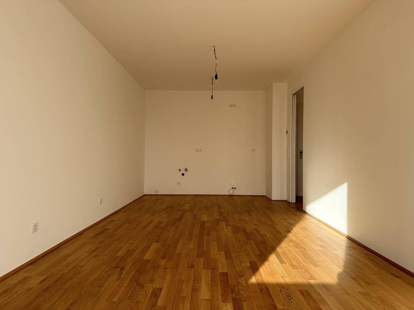 Geräumiges, leeres Zimmer mit Parkettboden und viel Tageslicht.