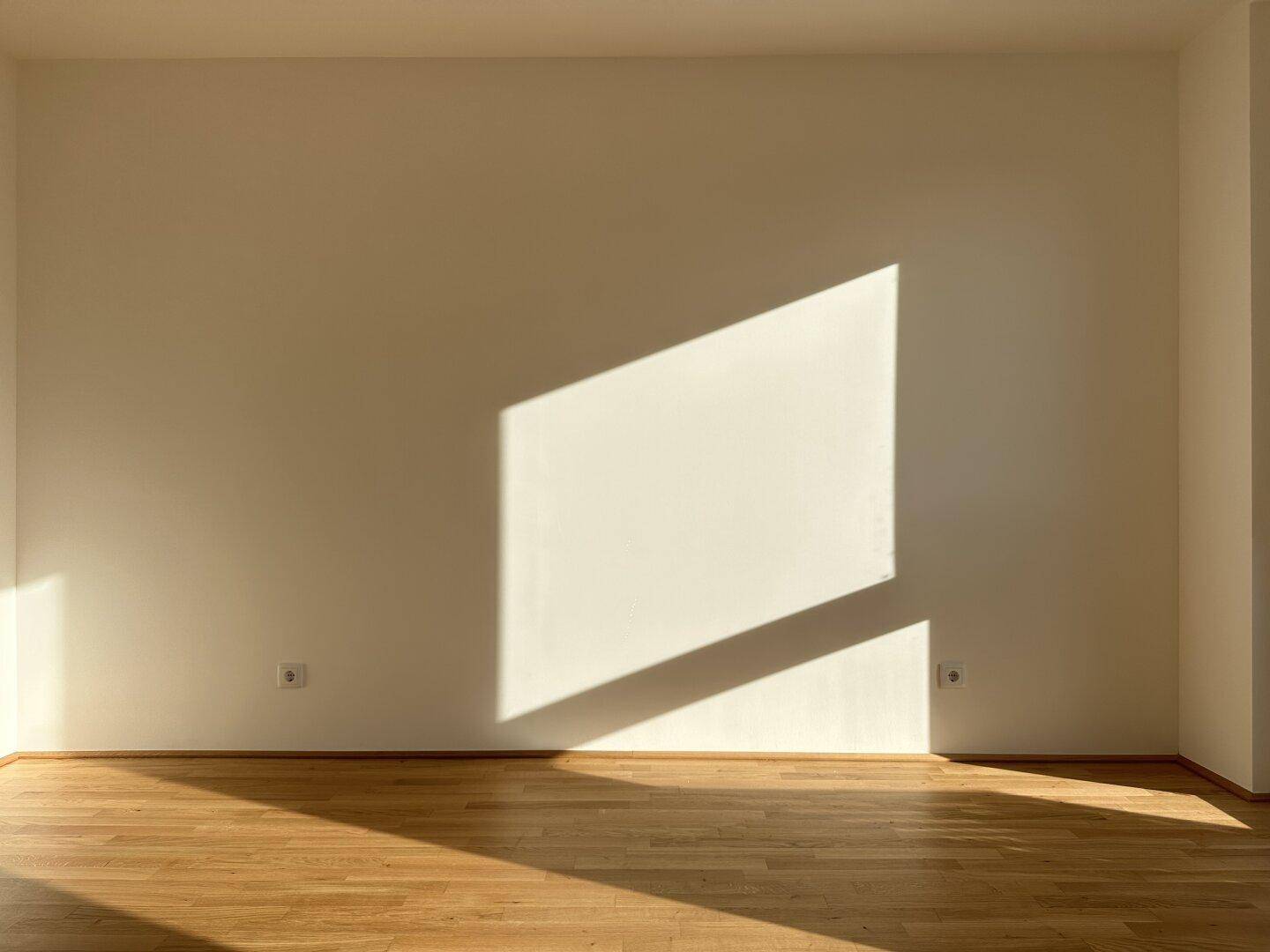 Leere Wand in einem sonnigen Zimmer mit Holzboden und hellem Licht.