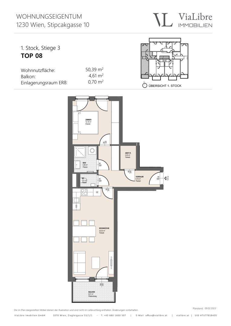 Grundriss der Wohnung Top 08 im ersten Stock mit Wohnnutzfläche und Balkon.