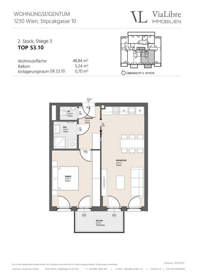 Grundriss der Wohnung TOP S3.10 mit Wohn-Essbereich, Schlafzimmer, Bad, WC und Balkon auf 48,84 m².