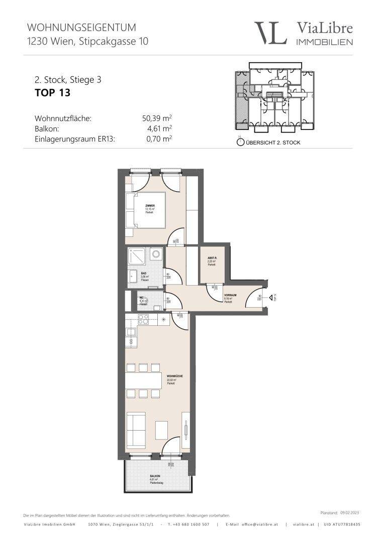Grundriss der Wohnung Top 13 im 2. Stock mit Balkon und offenem Wohnbereich.
